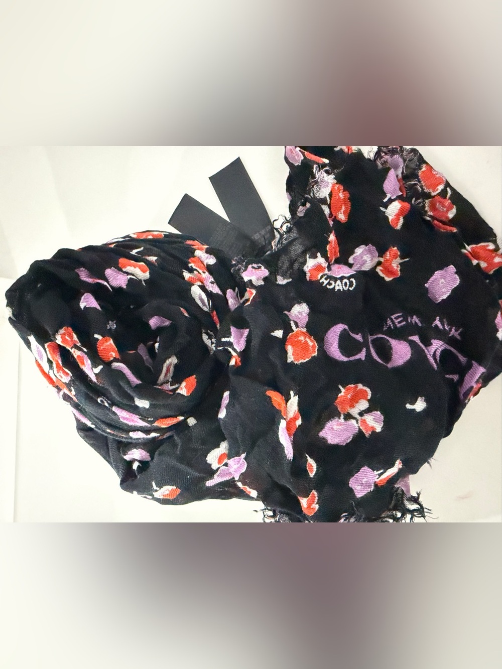 Coach Black Floral Logo Scarf Orange & Lavender Blooms